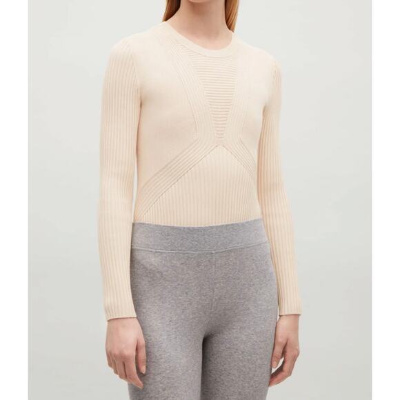 COS Ribbed Long Sleeve Bodysuit Seamless Rib Knit Fitted Top Beige Sweater - Picture 2 of 14